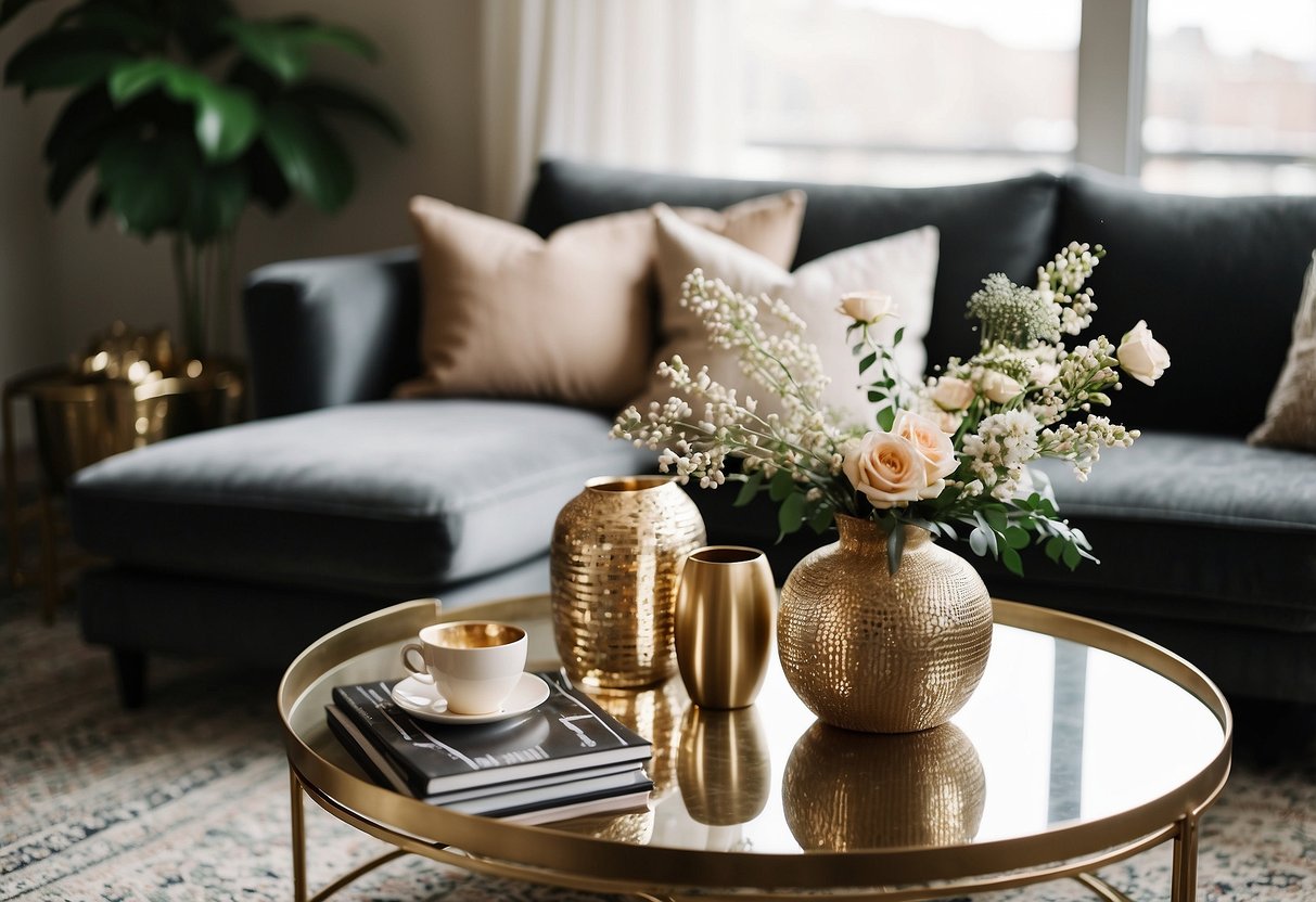 A living room with a mix of metallic accents, patterned pillows, and textured throws on a cozy sofa. A sleek coffee table topped with a metallic vase and a textured rug completes the scene