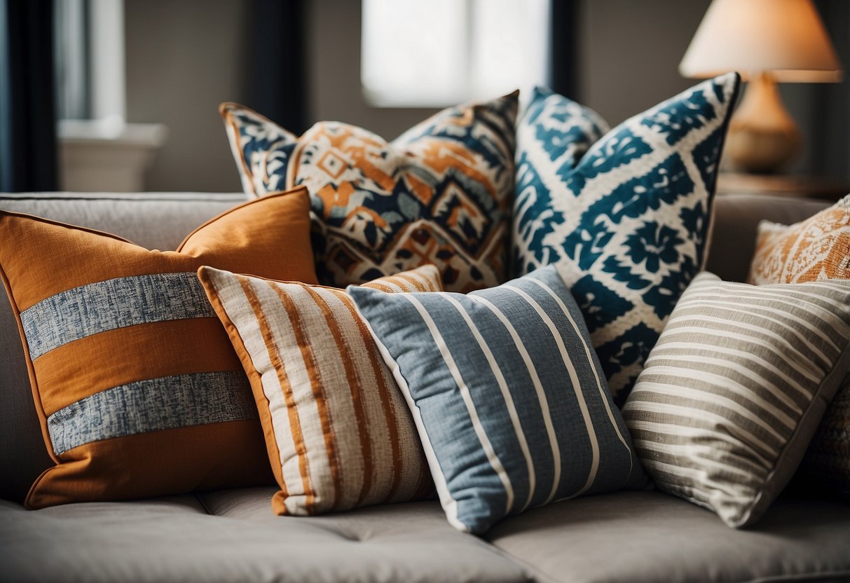 Various patterned pillows on a textured sofa, with a mix of large and small patterns. A rug with a different pattern adds depth to the room