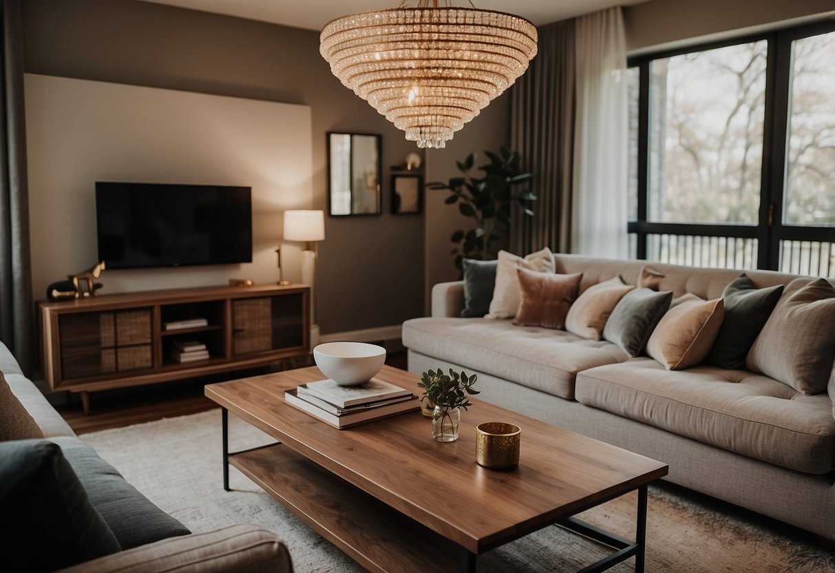 A cozy living room with a vintage wooden coffee table paired with a sleek, modern sofa. A mix of antique and contemporary decor items like a brass chandelier and abstract art create a harmonious blend