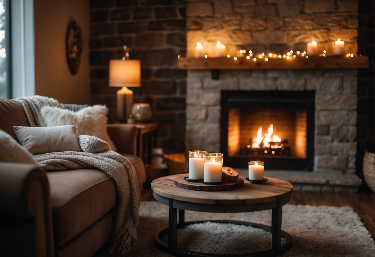 A warm, inviting living room with soft, textured throw pillows and blankets, a crackling fireplace, and warm lighting creating a cozy atmosphere