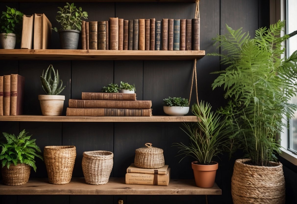 Rustic wooden shelves adorned with cozy home decor items like vintage books, potted plants, and woven baskets