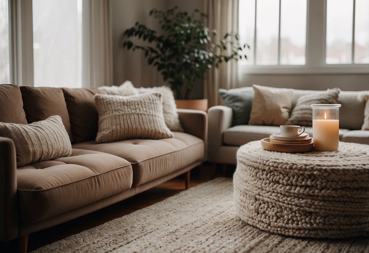 A cozy living room with soft, textured throw pillows and warm, knitted blankets draped over a comfortable sofa. A plush rug adds a touch of comfort underfoot