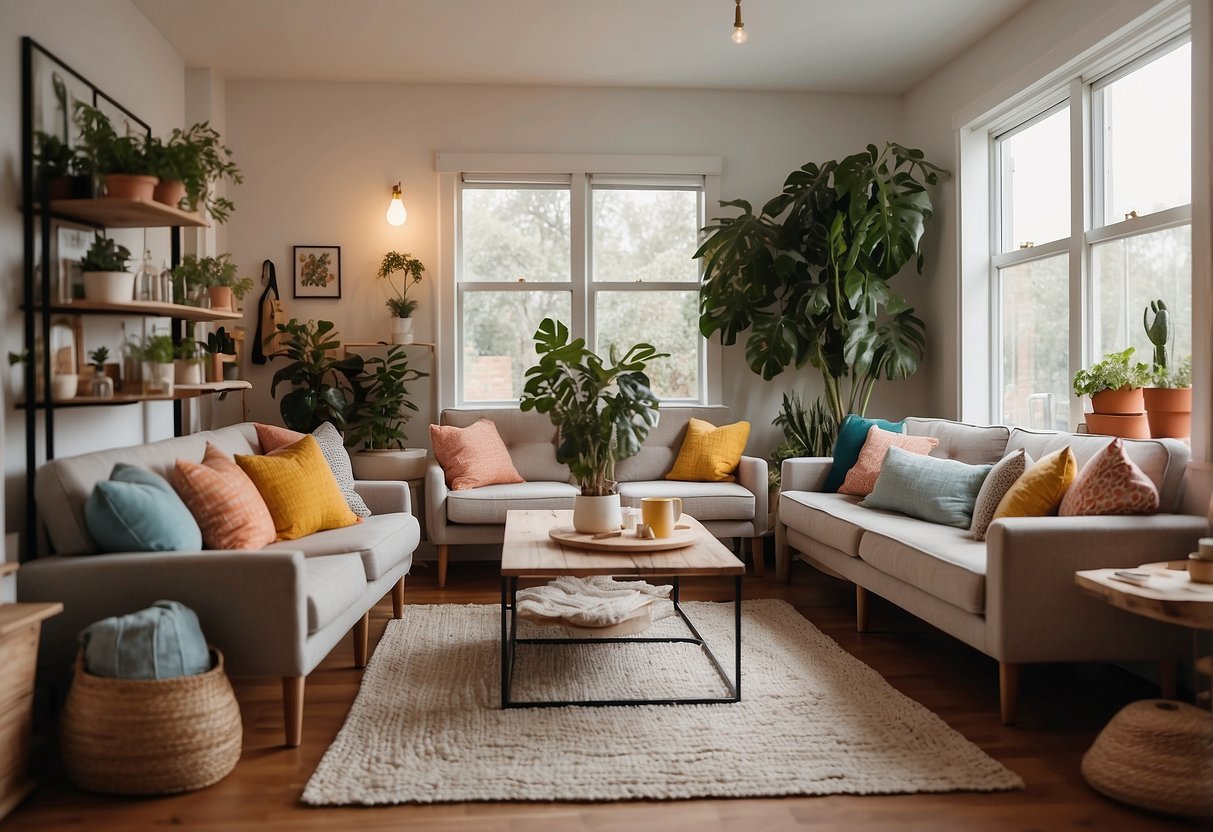 A bright living room with plants, colorful throw pillows, and artwork on the walls. A cozy reading nook with a comfy chair and a small side table. A well-organized kitchen with open shelving and decorative accents