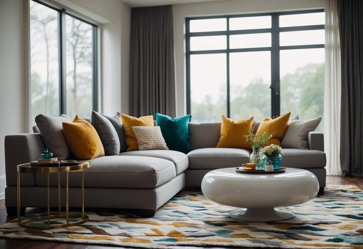 A modern living room with a geometric area rug as the focal point, adding a pop of color and texture to the space