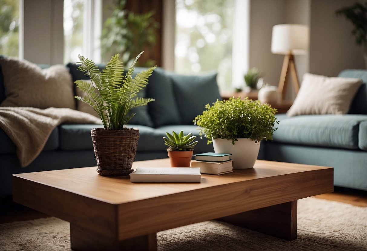 A natural wood coffee table sits in a cozy living room, adorned with a stack of books and a small potted plant. The table is surrounded by a comfortable sofa and armchairs, creating a warm and inviting space for the new home owner