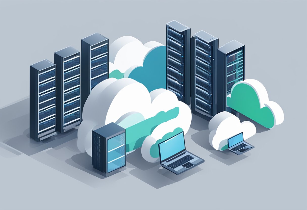 A group of cloud servers floating above a small business, demonstrating cost-effective and scalable solutions