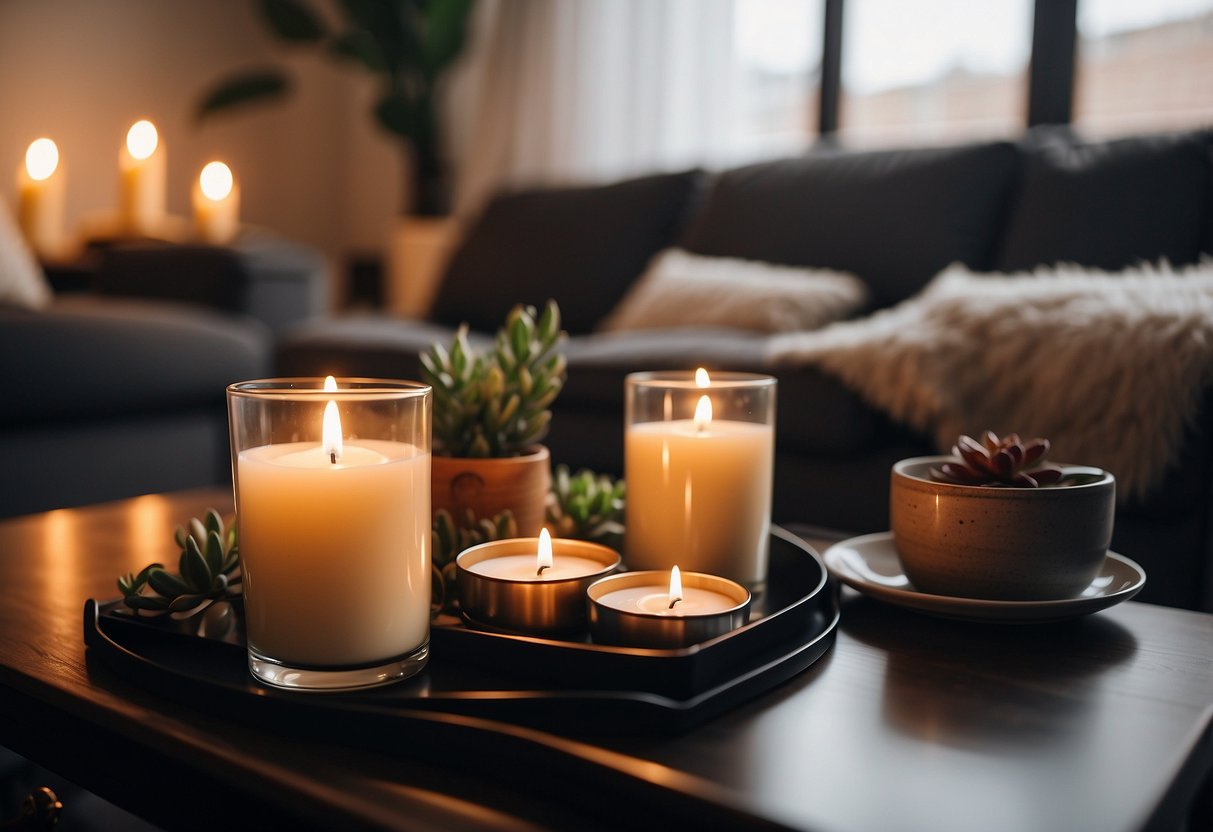 A cozy living room with scented soy candles placed on a coffee table, adding a warm and inviting ambiance to the new home owner's decor