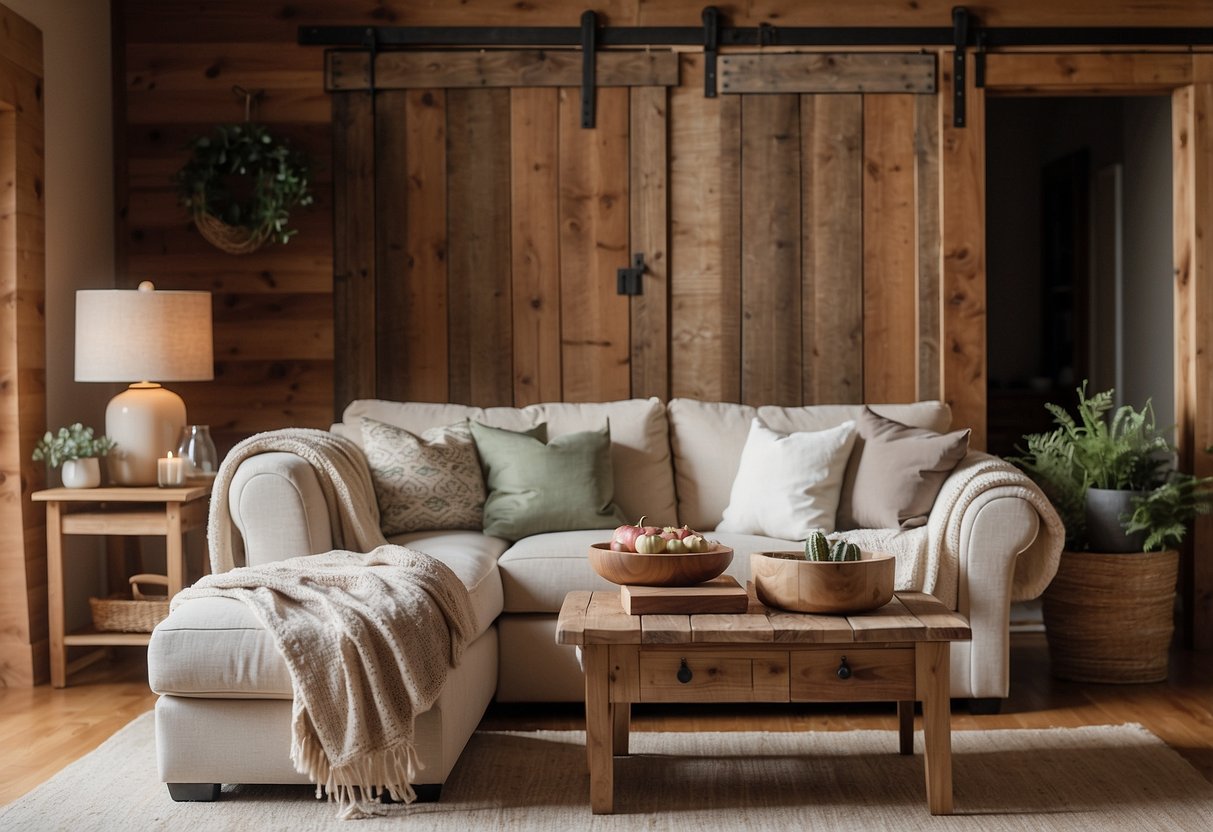 A cozy farmhouse living room with rustic wooden furniture, soft neutral colors, and vintage accents. A large barn door adds a touch of charm, while a cozy throw blanket and plush pillows invite relaxation