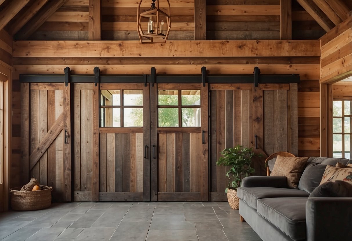 Rustic barn doors hang as home decor in a farmhouse setting, adding antique charm to the interior design