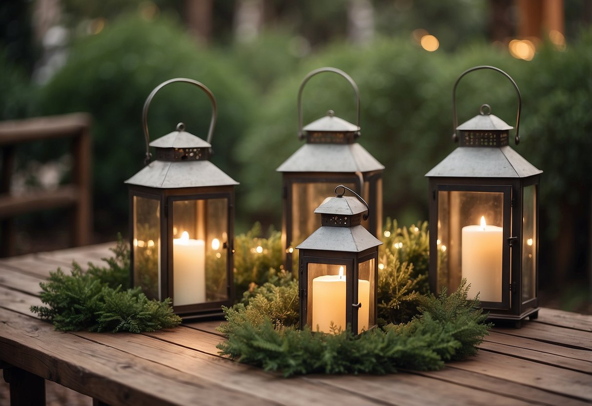 Rustic farmhouse setting with vintage metal lanterns as home decor, placed on a wooden table with a burlap table runner and surrounded by greenery