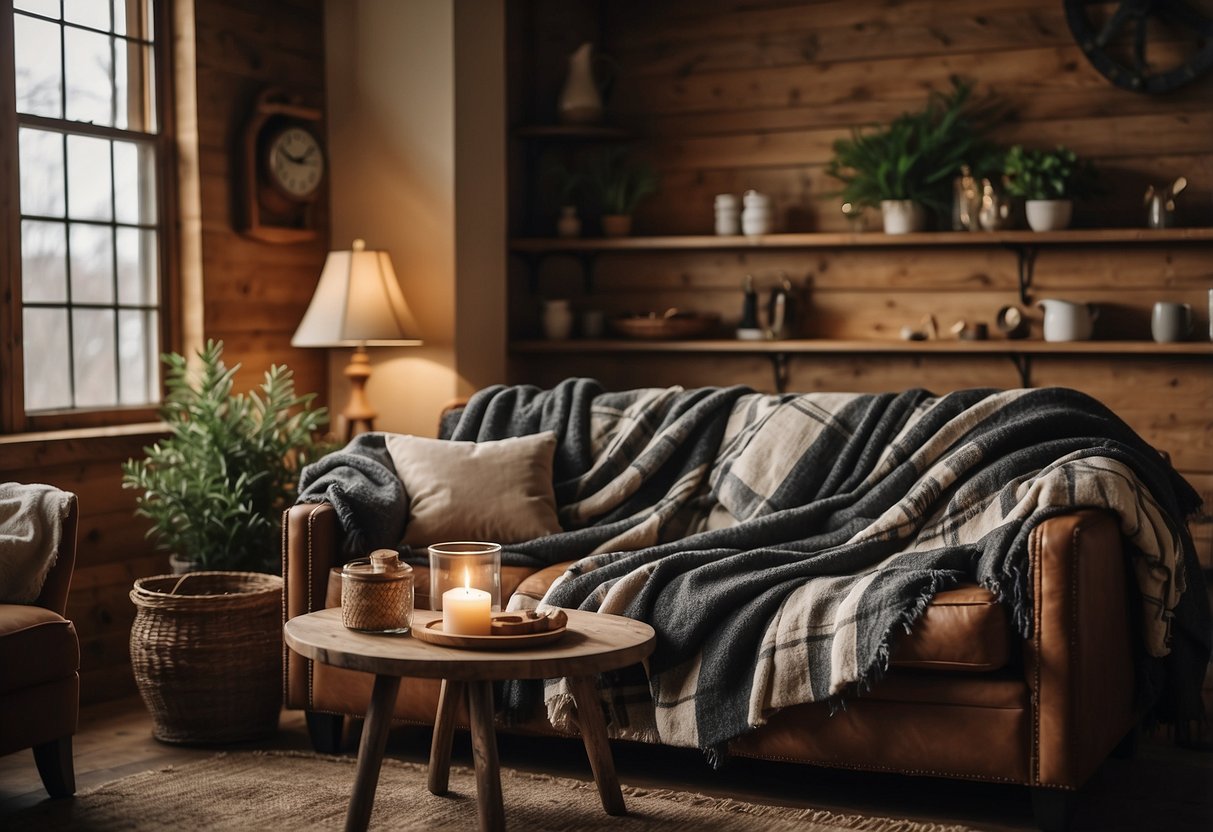 A cozy farmhouse living room with plaid throw blankets draped over a rustic couch, creating a warm and inviting atmosphere