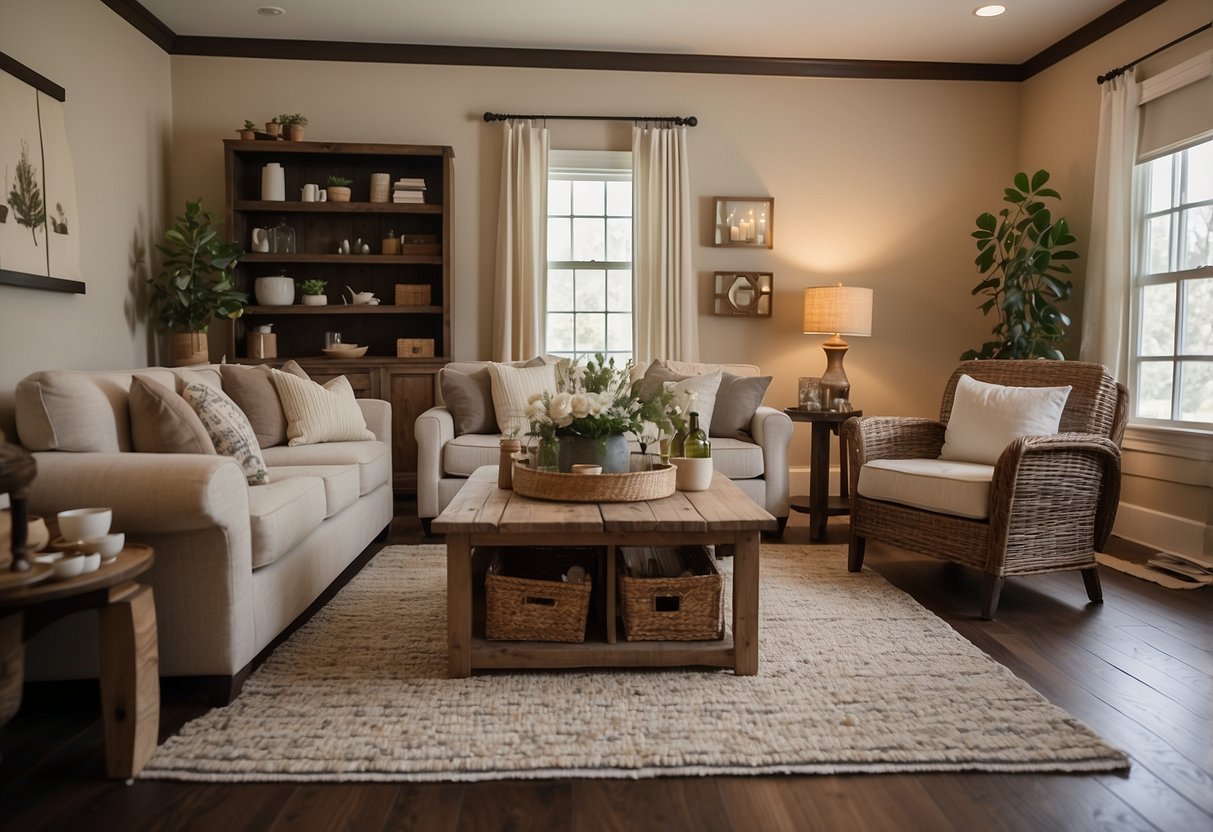 A cozy farmhouse living room with earthy color scheme, featuring rustic wooden furniture, textured throw pillows, and a soft, woven area rug