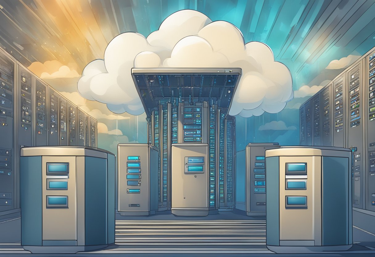 A padlocked cloud hovering over a fortress-like server room, with a shield of encryption surrounding it