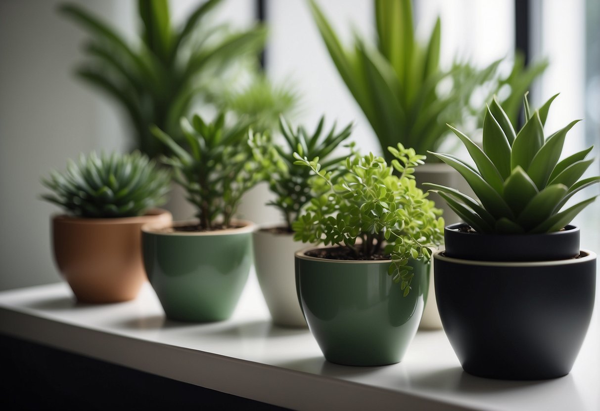 Lush green plants arranged in stylish pots on a modern shelf, adding a touch of nature to a chic living room