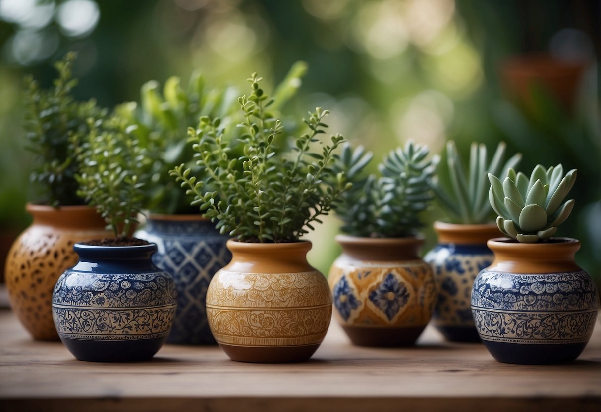 Ceramic pots with intricate designs hold various styled plants for home decor