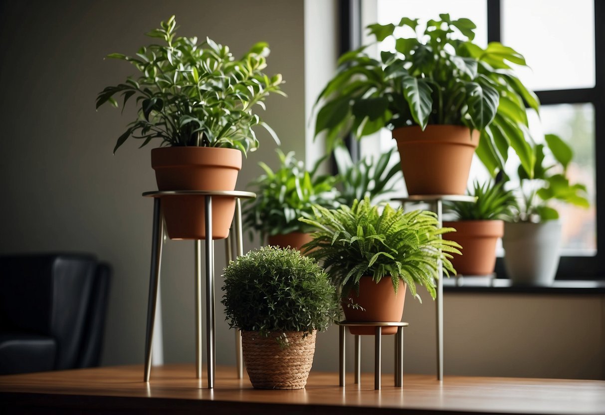 Various plant stands create height variation for stylish home decor