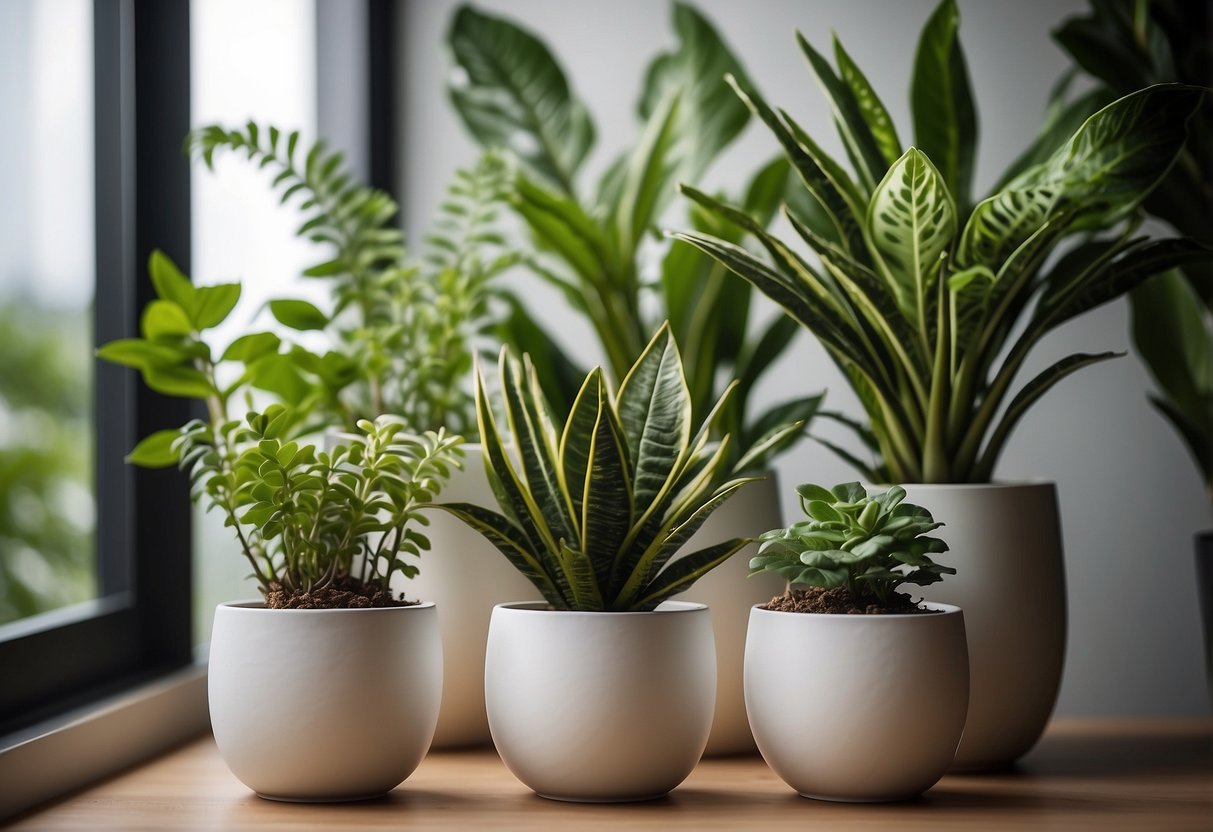 Lush green plants arranged in stylish pots on a modern shelf, with natural light streaming in from a nearby window