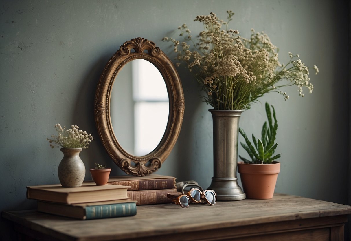 Vintage mirrors hung on a distressed wall, reflecting natural light and potted plants. A stack of old books and a vase of dried flowers sit nearby