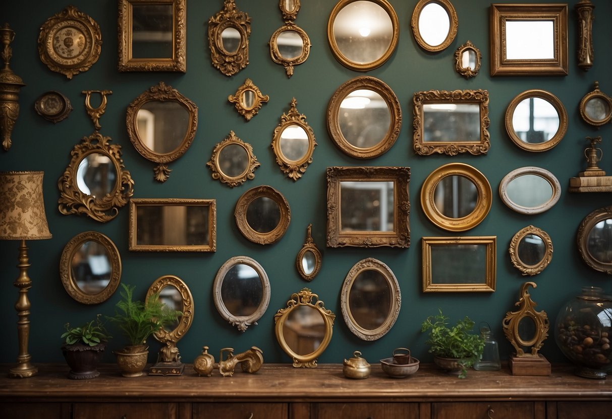 Vintage mirrors of various shapes arranged on a wall, surrounded by eclectic decor items