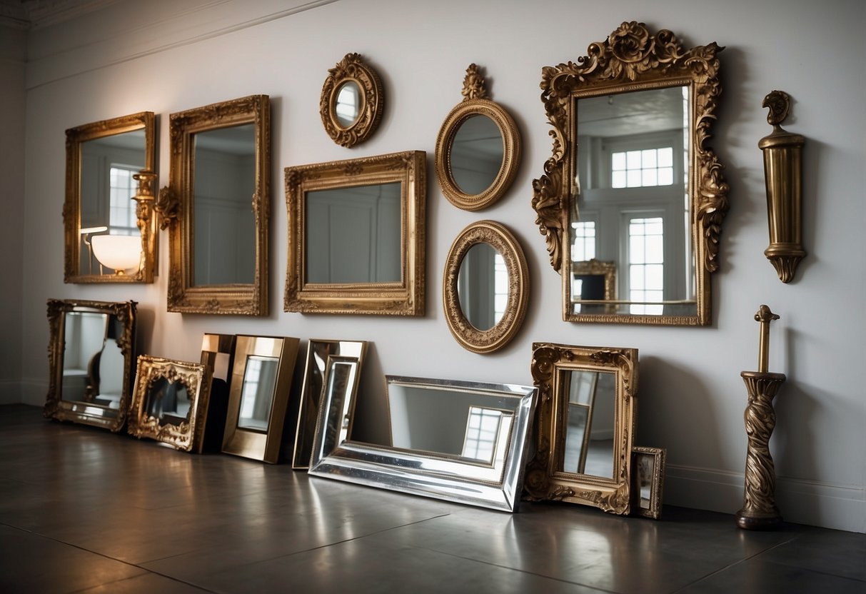 Vintage mirrors arranged asymmetrically on a white wall, surrounded by modern art pieces. A mix of sleek and ornate frames, reflecting light and adding depth to the space