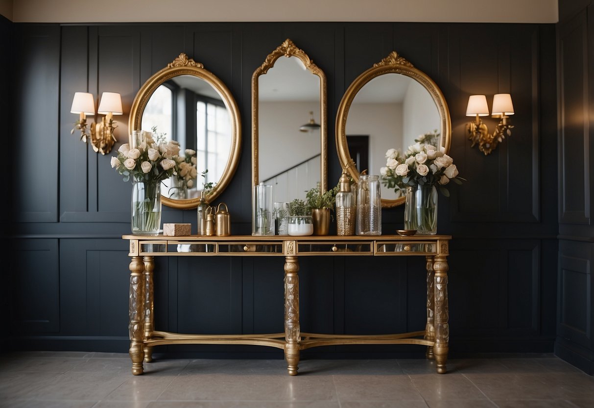 A console table with vintage mirrors arranged in various styles for home decor