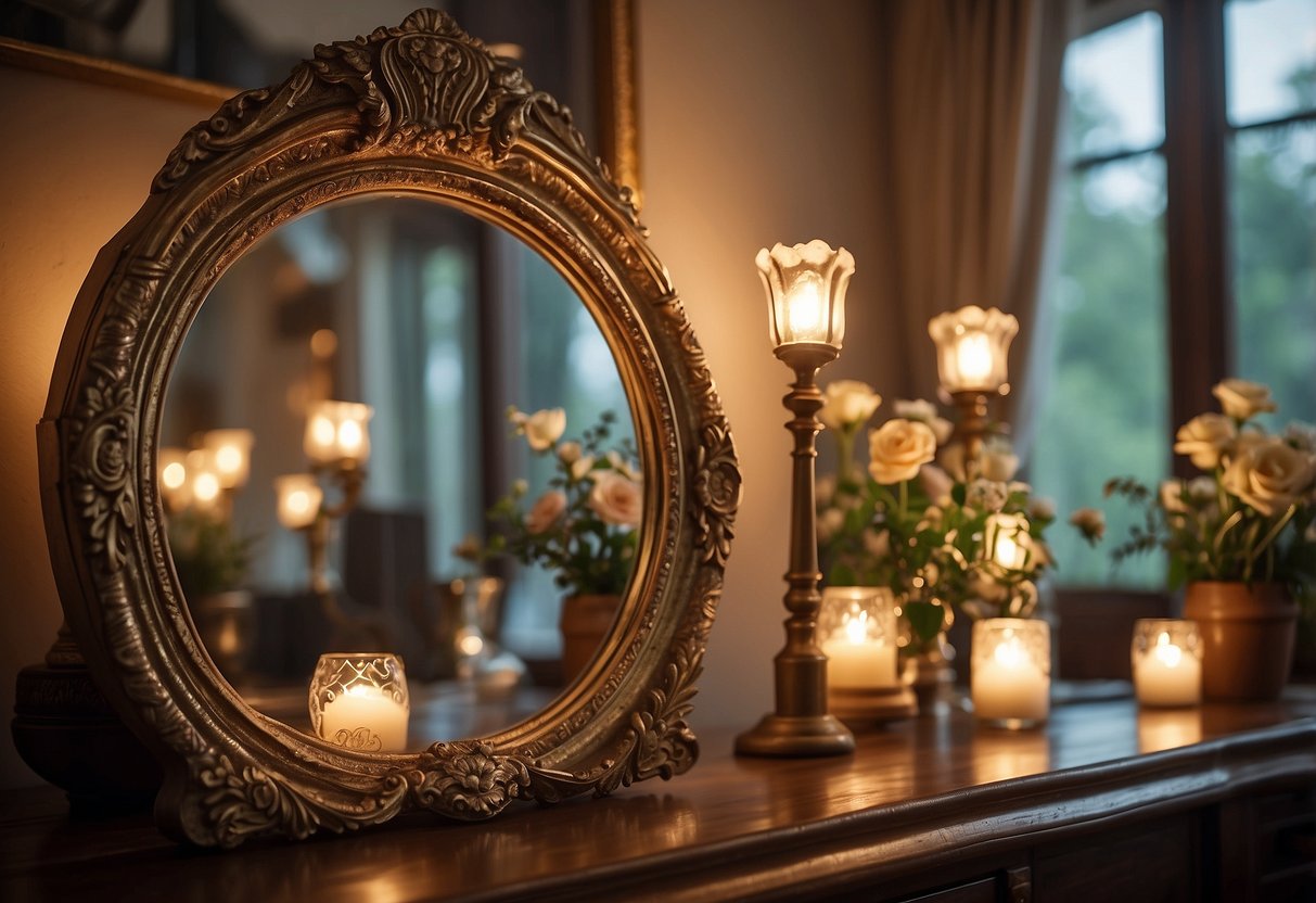 A hand reaches for a vintage mirror, surrounded by various frame options and decor items. Light filters through the window, casting a warm glow on the scene