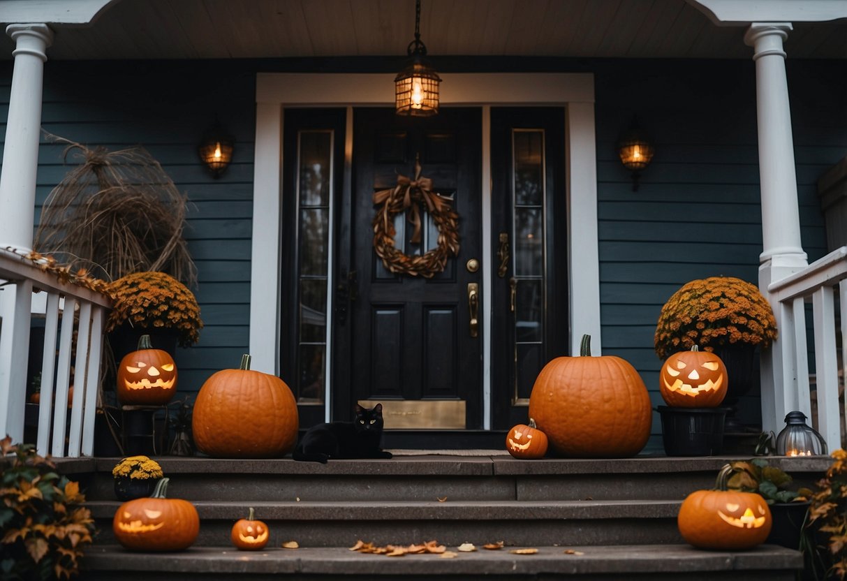 A spooky front porch adorned with jack-o-lanterns, cobwebs, and eerie lighting. A witch's broom leans against the door, while a black cat peers out from the shadows