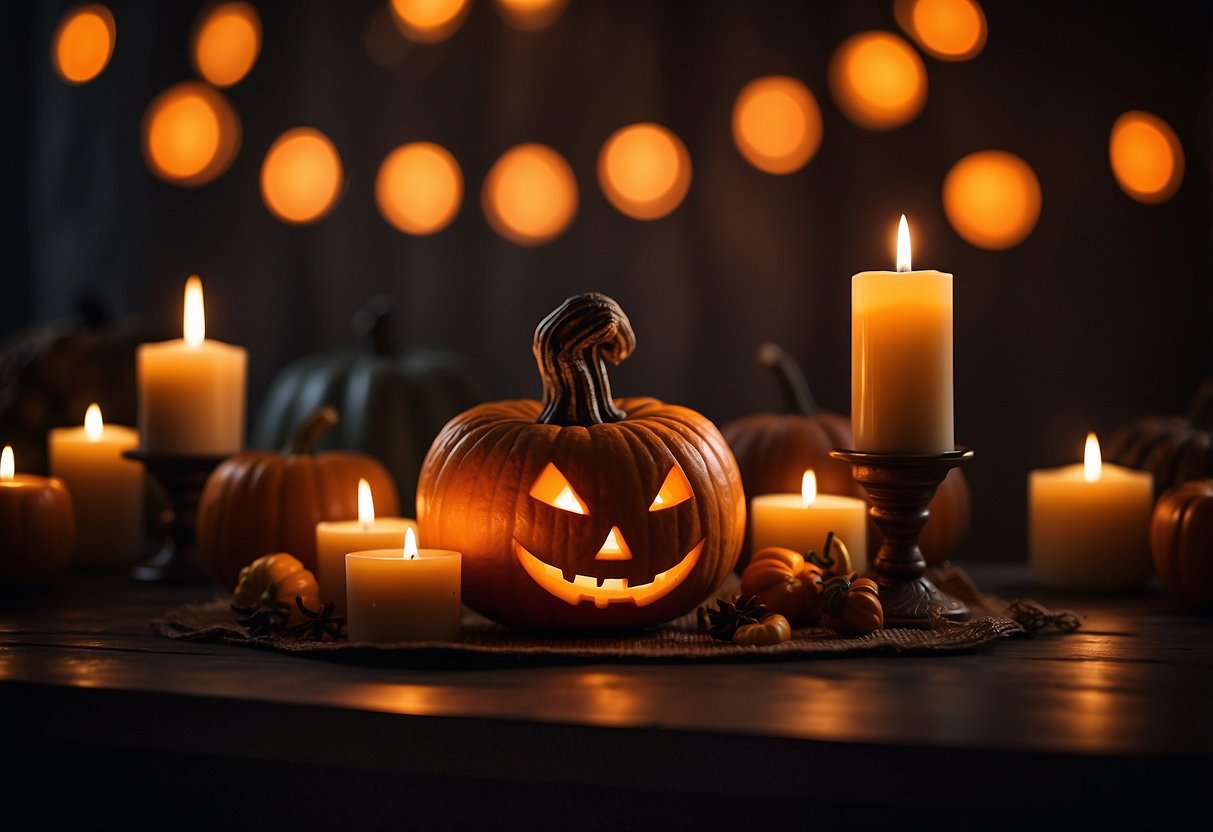 A table with a Jack-O'-Lantern tablecloth, surrounded by spooky Halloween decorations and flickering candles