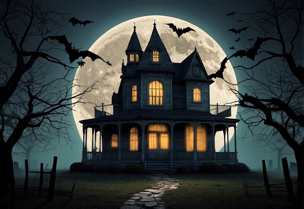 A spooky haunted house with eerie wall decals, cobwebs, and bats. A full moon casts shadows on the old, creaky house