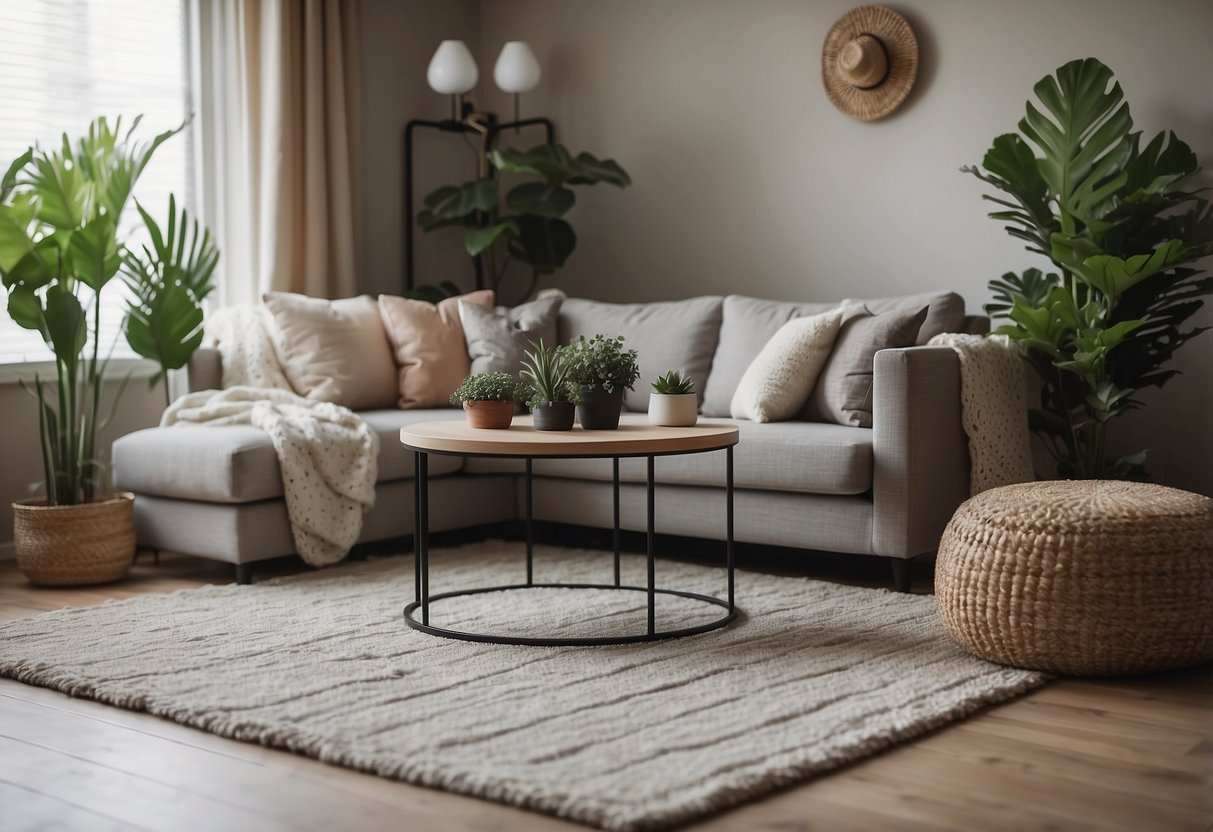 A cozy living room with a plush area rug, a selection of throw pillows, and a few potted plants adding a touch of greenery to the space