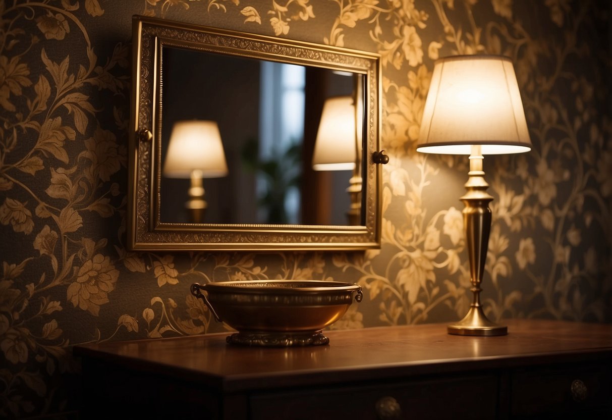 A vintage brass mirror hangs on a patterned wallpapered wall, reflecting the warm glow of a nearby lamp