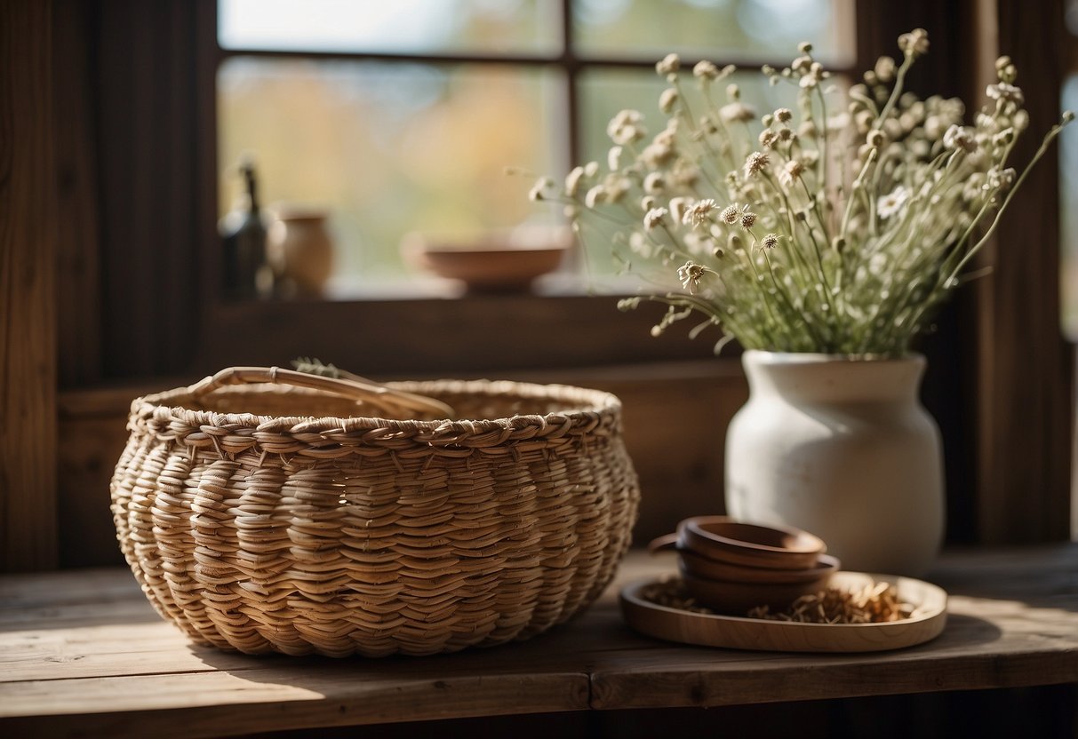 A handwoven basket sits on a rustic wooden shelf, filled with dried flowers and nestled among other small home decor items