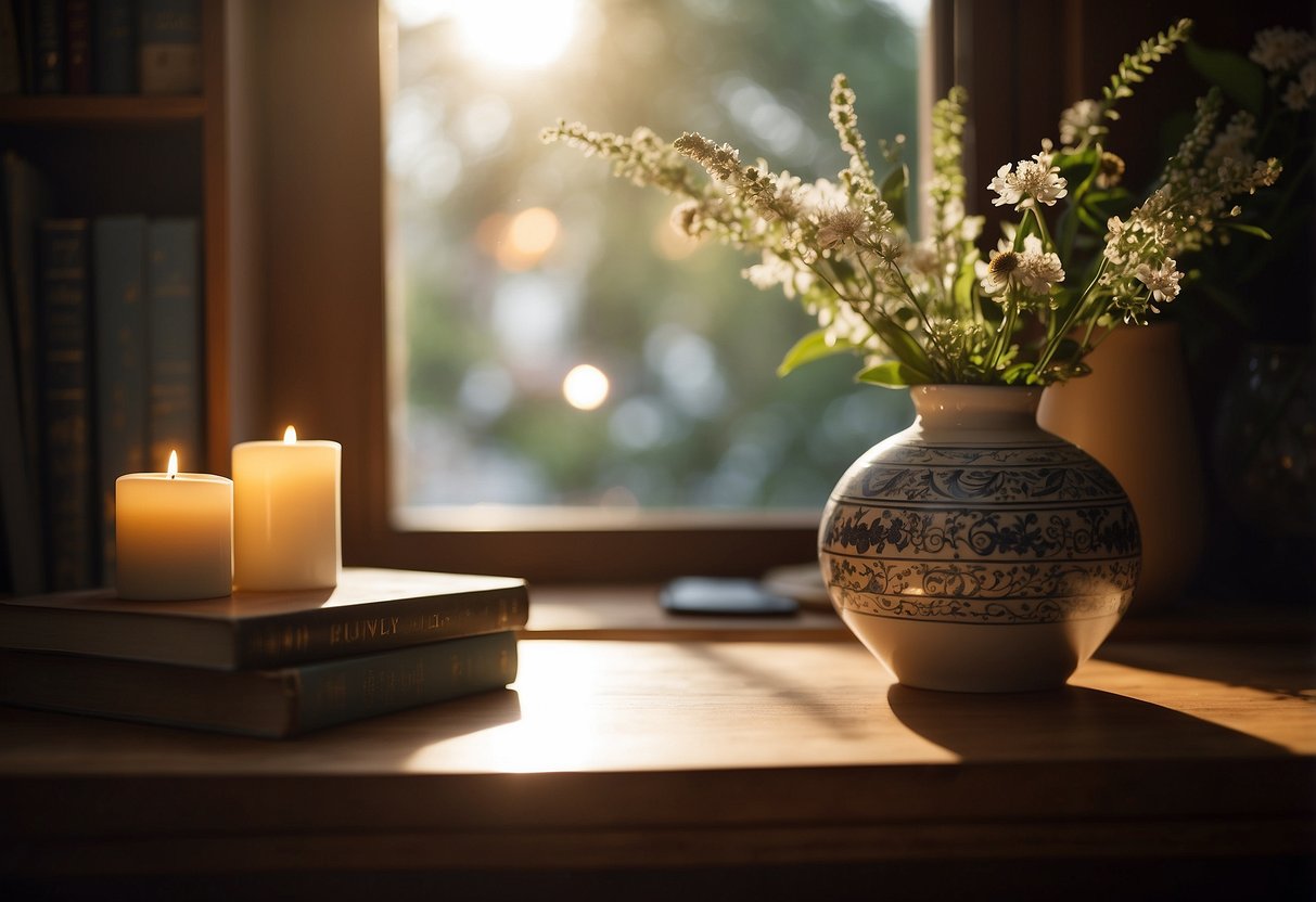 A ceramic vase sits on a wooden shelf, surrounded by small home decor items like books and candles. Light streams in from a nearby window, casting soft shadows on the vase