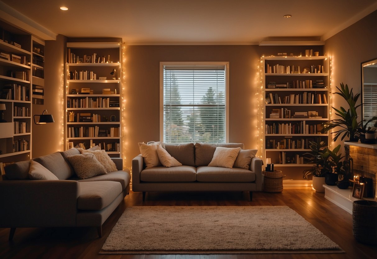 A cozy living room with LED string lights draped around a bookshelf, casting a warm and inviting glow