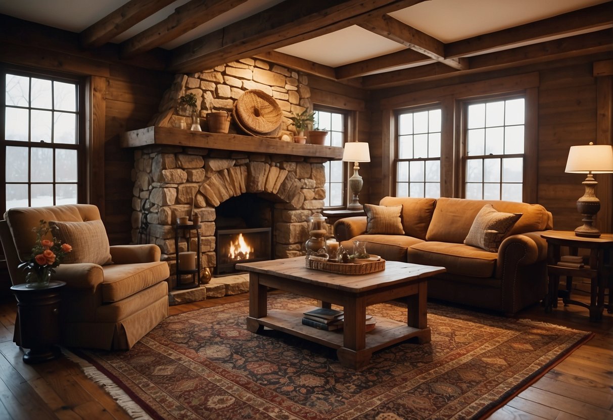 A cozy Tudor style living room with exposed wooden beams, a stone fireplace, and rich, warm colors. A large tapestry hangs on the wall, and plush, patterned rugs cover the hardwood floors