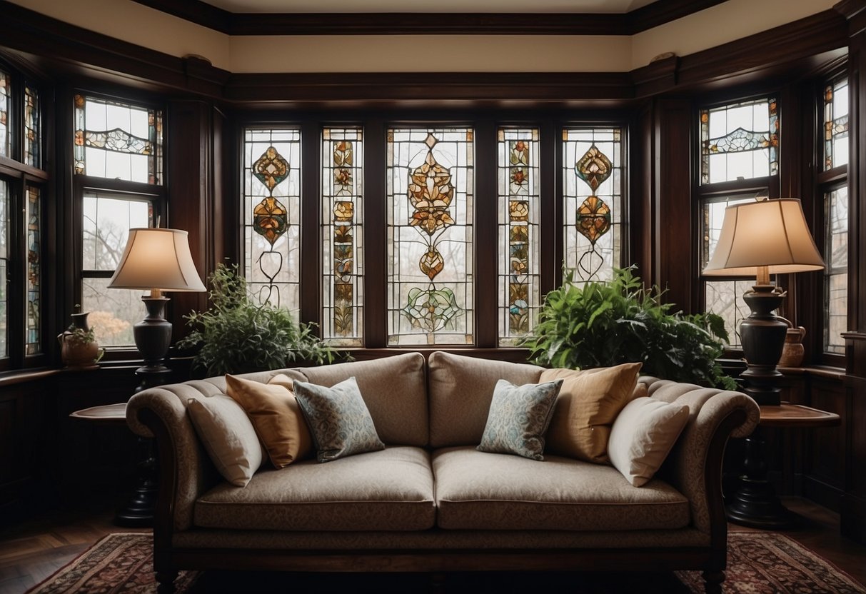 A tudor style home with leaded glass windows, ornate woodwork, and cozy furnishings