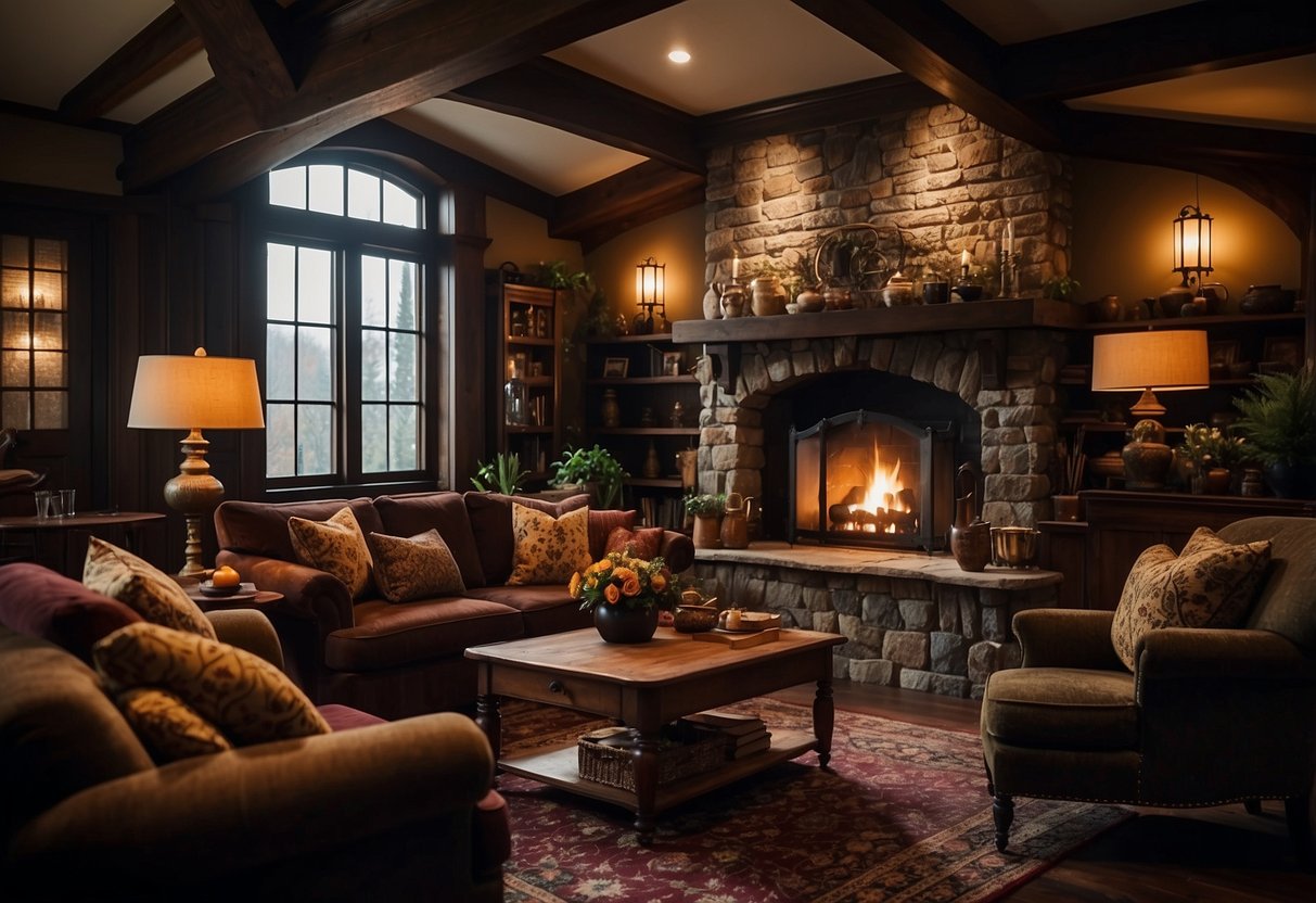 A cozy tudor style living room with rich, deep colors and traditional furniture. A roaring fireplace adds warmth to the space