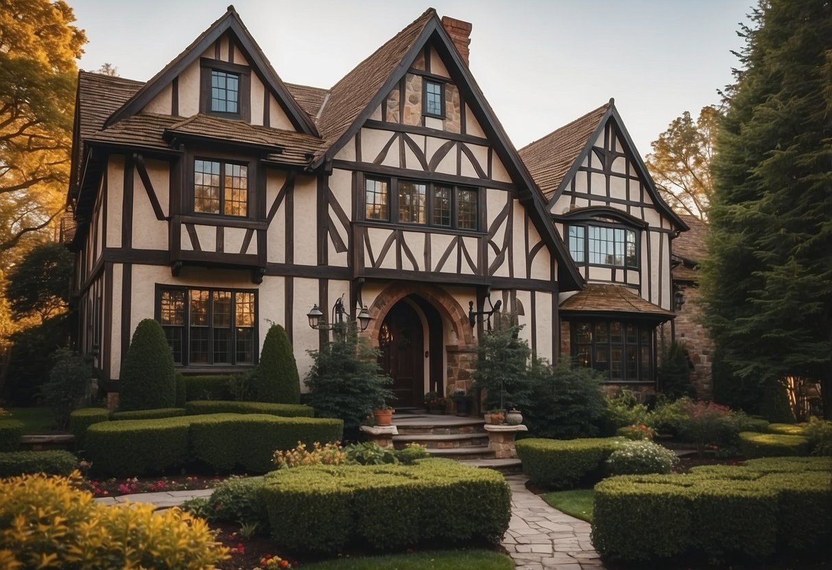 A tudor style home with intricate wrought iron accents on windows, doors, and fencing. Rich in detail and craftsmanship, adding a touch of elegance