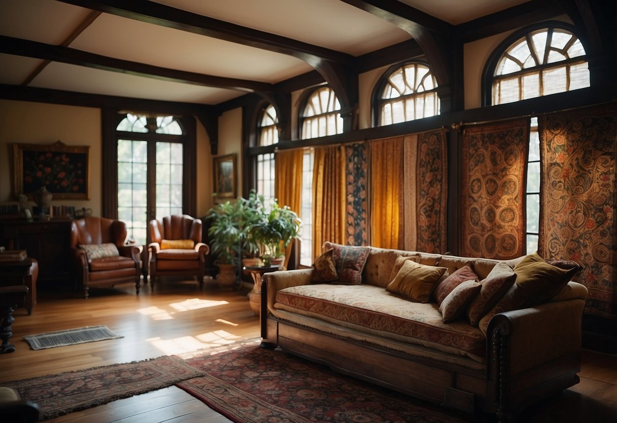 Colorful tapestries hang on the walls of a Tudor-style home, adding warmth and character to the interior decor