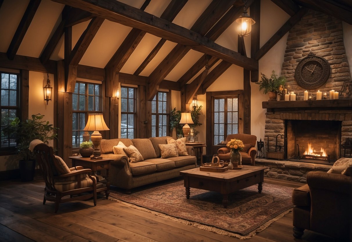 A cozy living room with exposed wooden beams, vintage furniture, and warm lighting. Tudor-style decor features earthy tones and intricate details