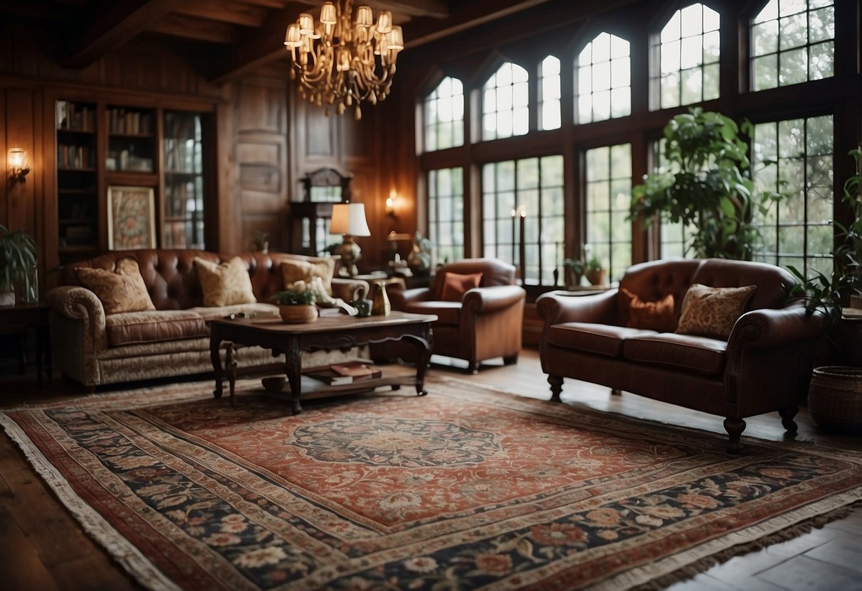 A tudor style home adorned with antique rugs, creating a warm and inviting atmosphere. Rich colors and intricate patterns add a touch of elegance to the decor