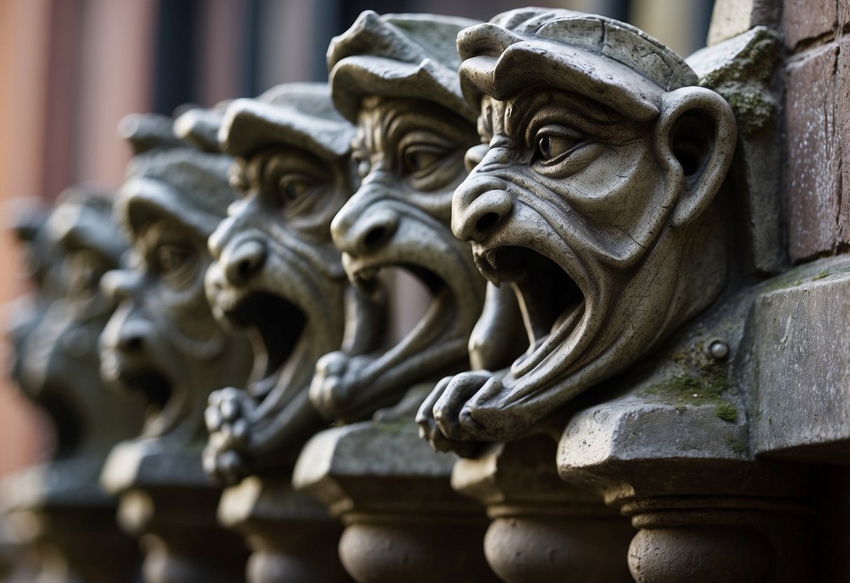 Gargoyle statues adorn a tudor style home, adding a touch of medieval charm to the decor