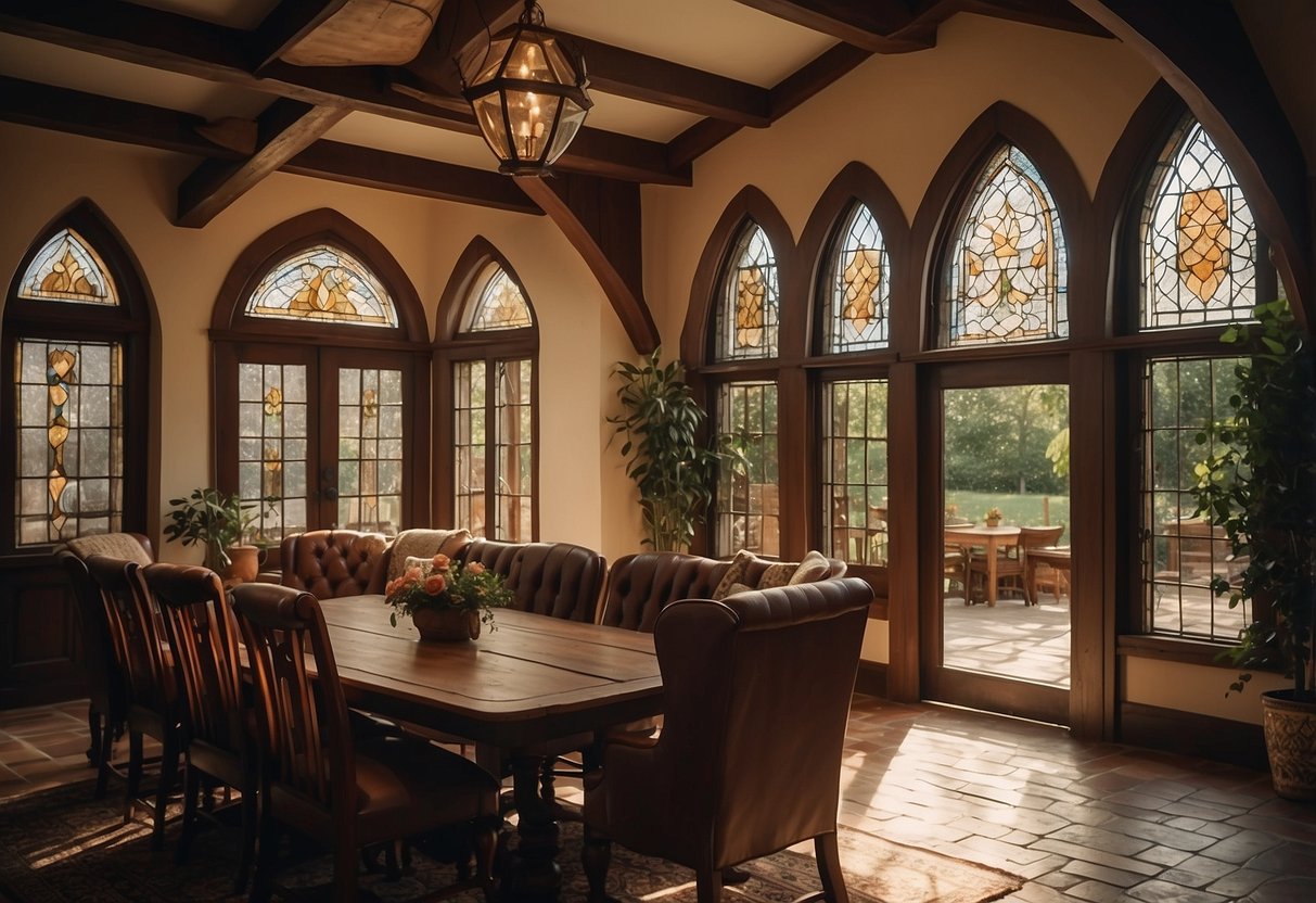 A tudor style home with arched doorways, exposed timber beams, and leaded glass windows. Rich, warm colors and ornate details add to the cozy, traditional atmosphere