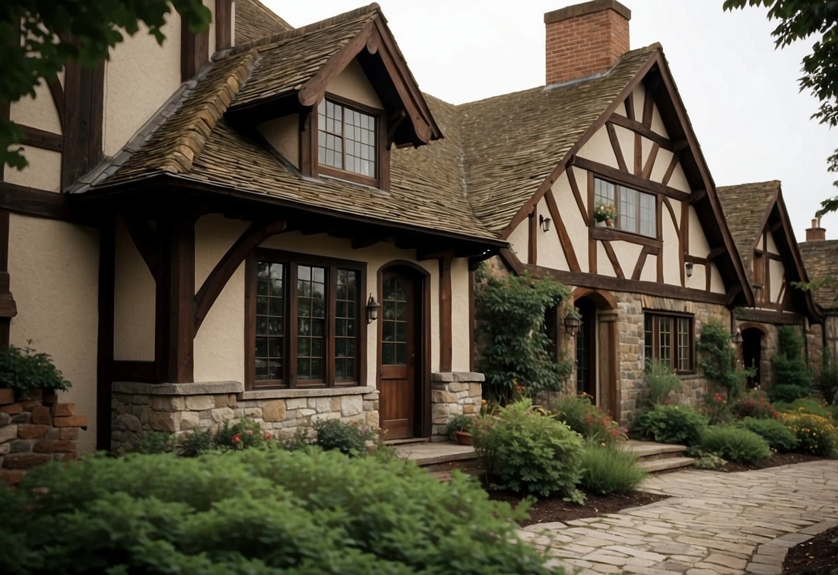 A Tudor home with earthy tones, timber framing, and stonework. Rich reds, deep greens, and warm browns dominate the color palette. Textures of wood, brick, and stone add depth to the exterior