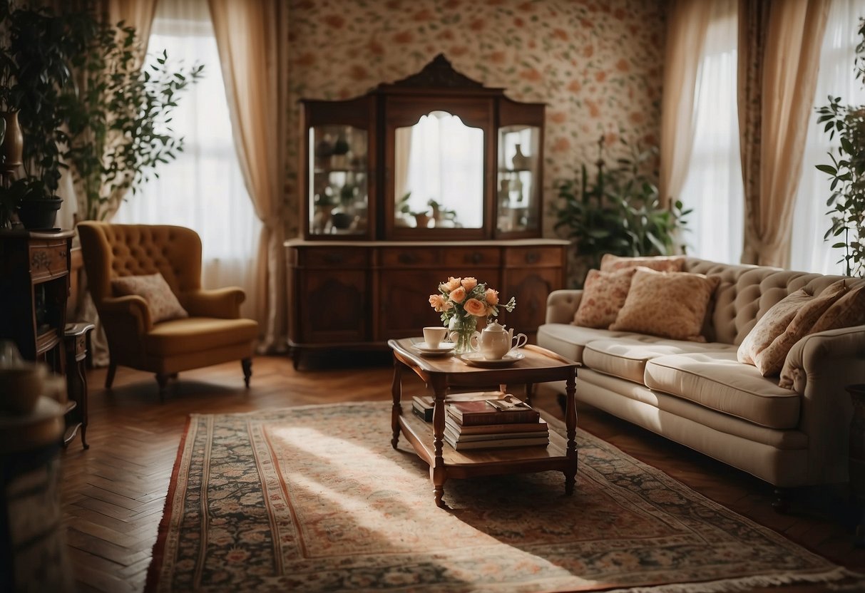 A cozy living room with floral wallpaper, antique furniture, lace curtains, and a vintage record player. A Persian rug and delicate china tea set complete the charming decor