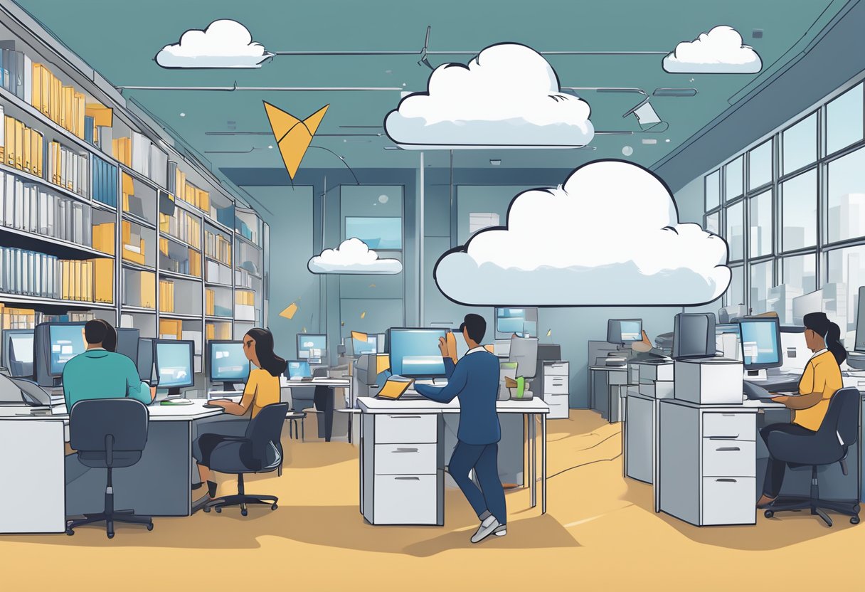 A bustling office with employees packing up computers and files, while a cloud hovers above with arrows pointing upwards, symbolizing the transition to the cloud