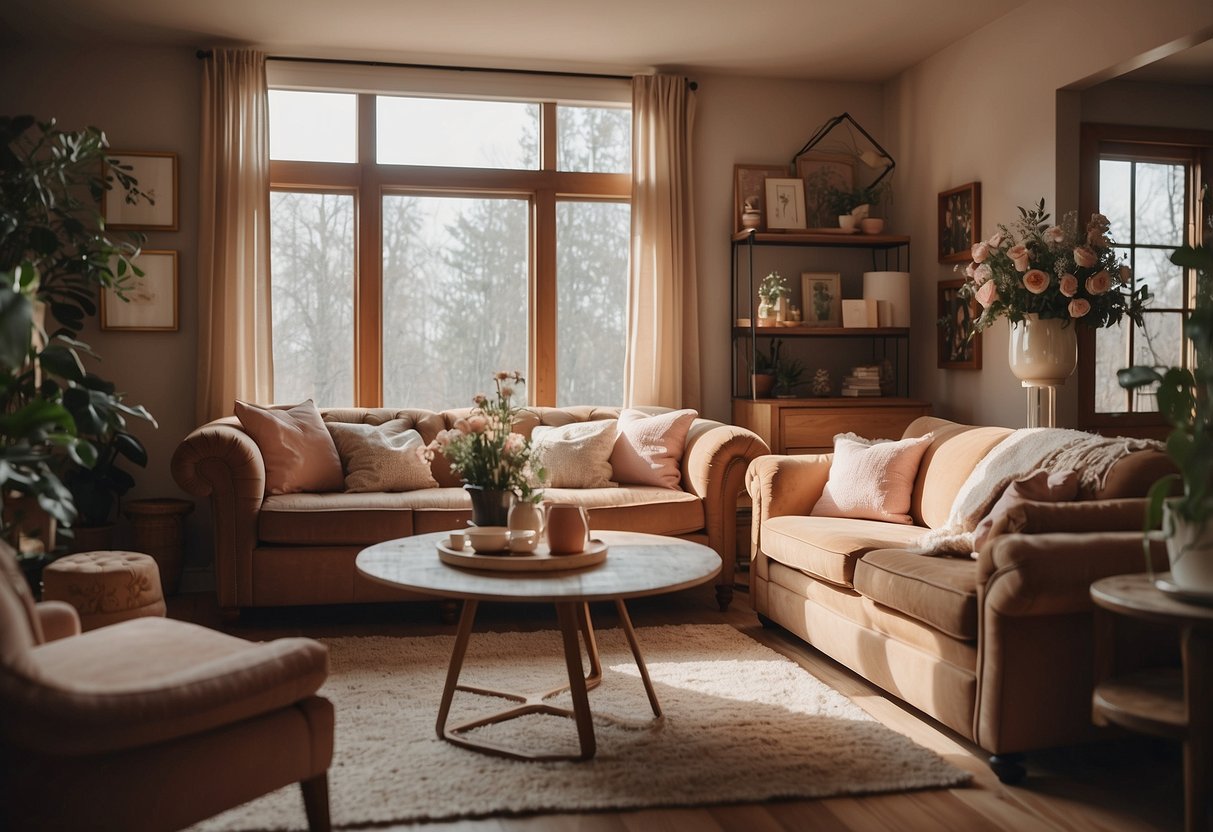 A cozy living room with warm earthy tones, vintage furniture, and pops of pastel colors. A mix of floral patterns and rustic textures create a nostalgic and inviting atmosphere