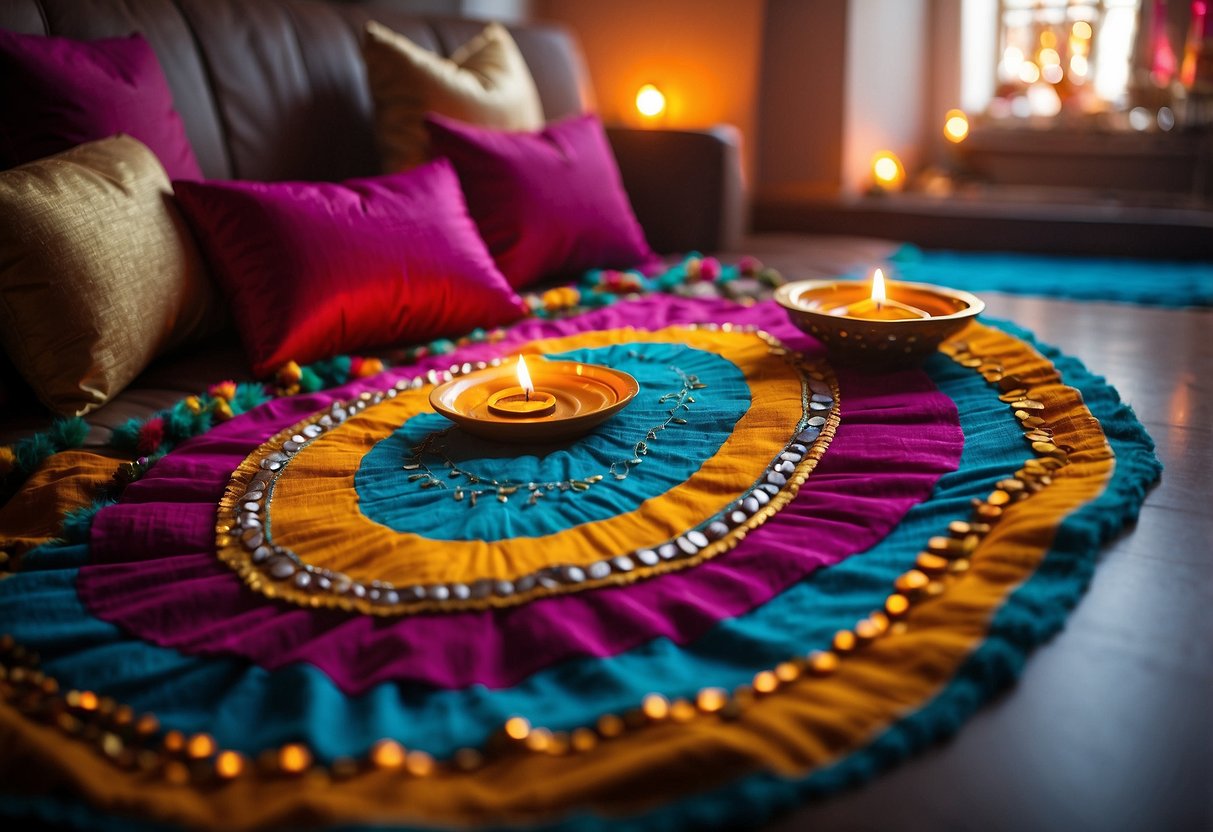 A beautifully decorated living room with vibrant colored cushions, intricate rangoli designs, and glowing diyas placed strategically around the room