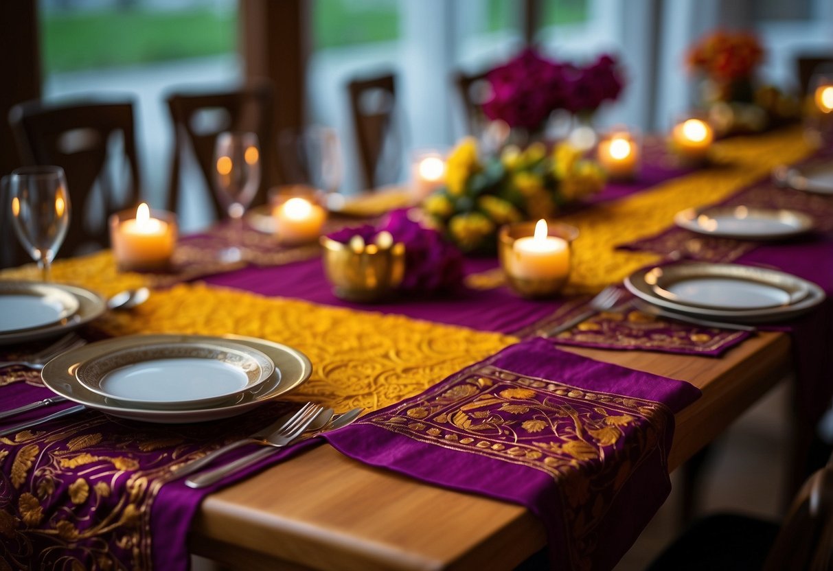 Vibrant table runners in rich colors and intricate patterns adorn a festive dining table, creating a warm and inviting atmosphere for Diwali celebrations