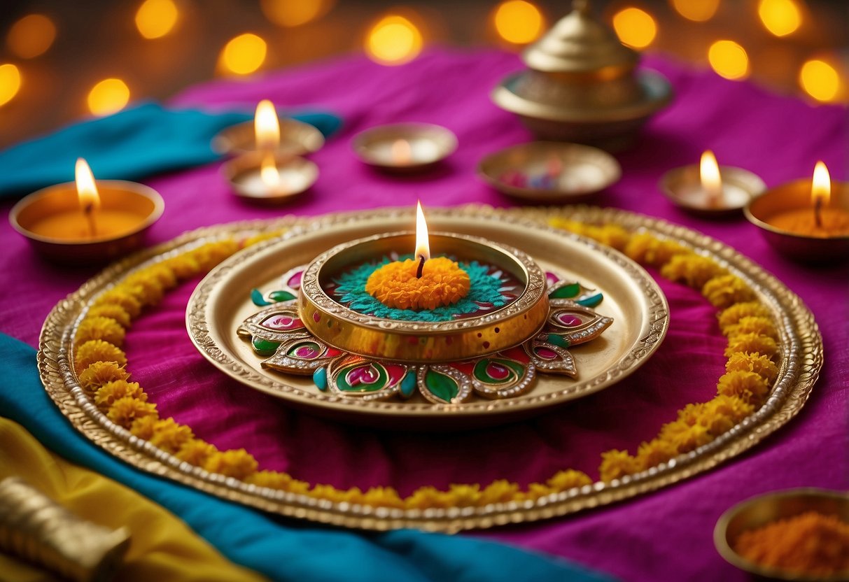 A brass Pooja Thali adorned with diyas, flowers, and incense, placed on a colorful fabric, with rangoli designs in the background